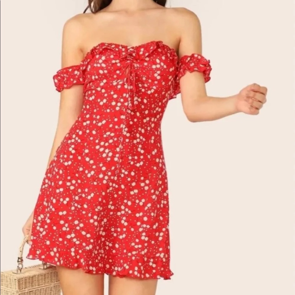 Red off shoulder dress